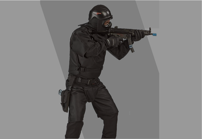 Tactical operator aiming rifle in black gear